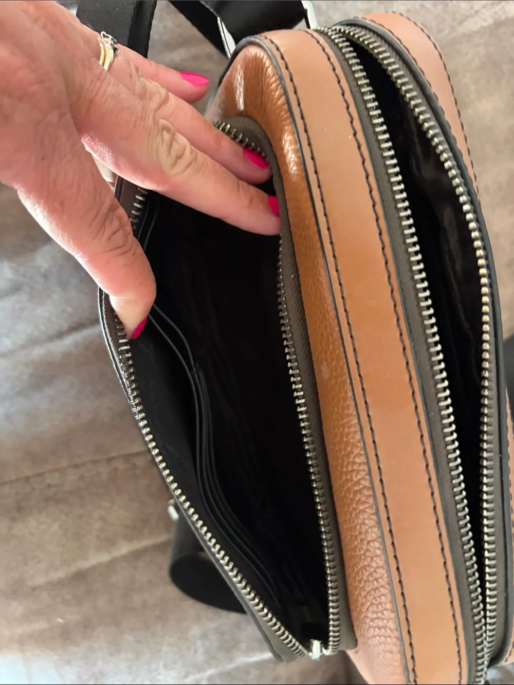 Michael Kors Cognac Pebbled Leather Belt Bag with Black Strap